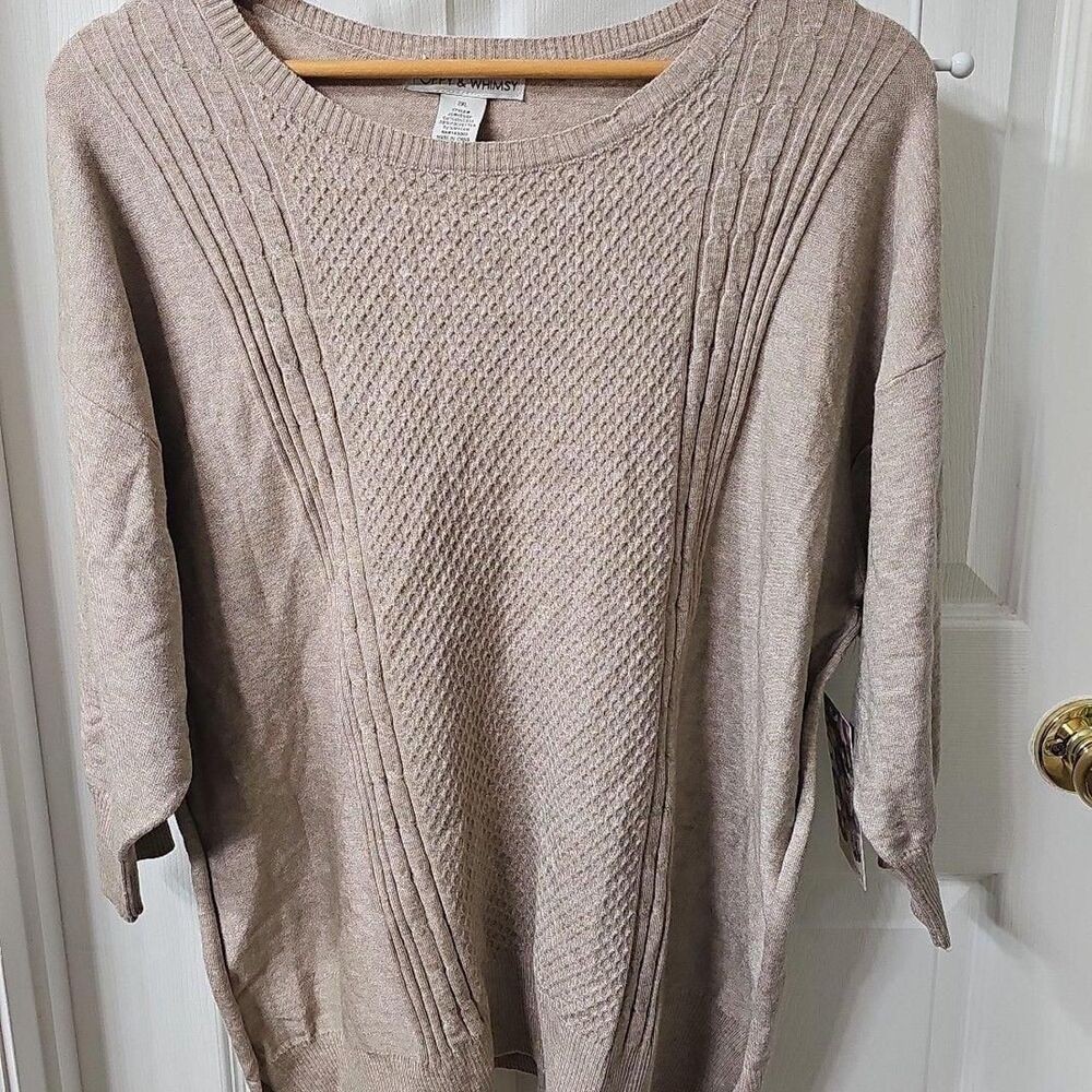 Poppy & Whimsy Textured Knit 3/4 Sleeve Pullover Sweater in Beige 2XL
